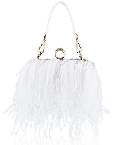 Women Ostrich Feather Tote Bag Fluffy Purse Clutch Feather Evening Handbag fo...