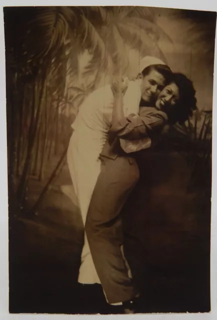 WW2 Era Hawaii Arcade Photo Navy Sailor Hugging a Pretty Girl W/Lipstick  Kiss