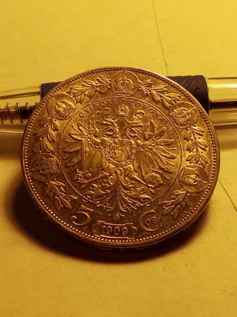 1909 Austria 5 Corona Franz Joseph Almost Uncirculated. Large Silver Coin. Nice! 2