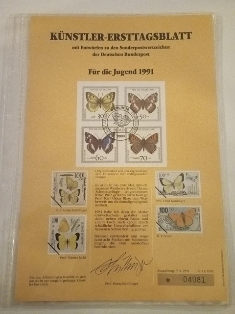 Brd Künstler-Etb 1991/14 Jugend Schmetterlinge Künstler-Ersttagsblatt
