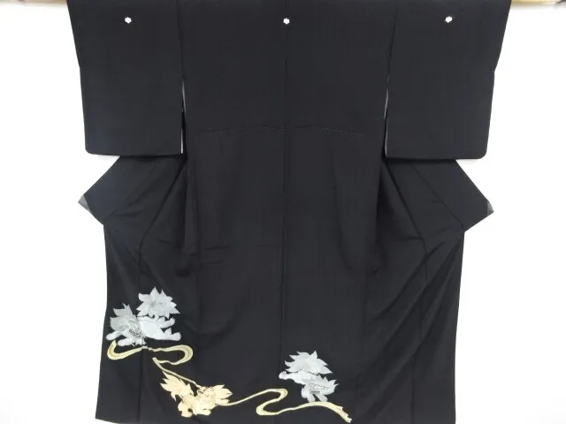 95858# Japanese Kimono / Antique Tomesode / Embroidery / Lion