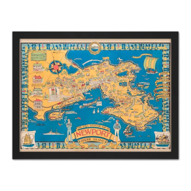 Map Barter 1945 Newport Rhode Island Souvenir Framed Wall Art Print 18X24 In