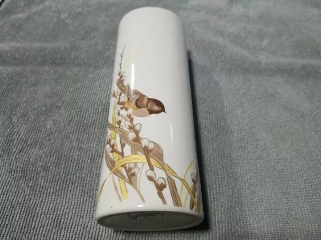 Vintage Porcelain Otagiri Japan Vase with Chickadee Bird On Pussywillow Branch