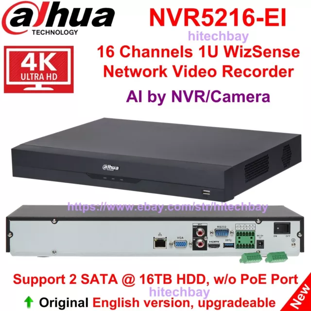 New! Dahua 4K AI NVR 16CH 2SATA WizSense 1U Recorder Face Recognition NVR5216-EI