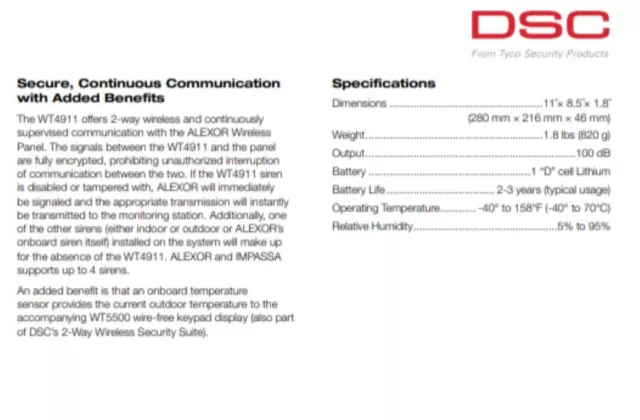 DSC WT4911 2 Way Wireless Outdoor Siren (NIB) 3