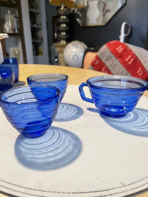 1930s vintage blue depression glass cups, large teacups Hazel Atlas