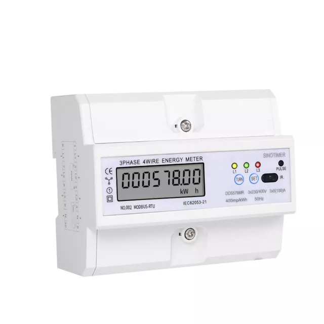 Three Phase Watt Hour Meter LCD Display 380V Rail Type 7P Electric Energy Meter 3