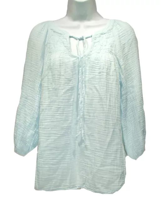 NEW Michael Stars Blue Crinkle Cotton Boho Top sz XS 3/4 Sleeves