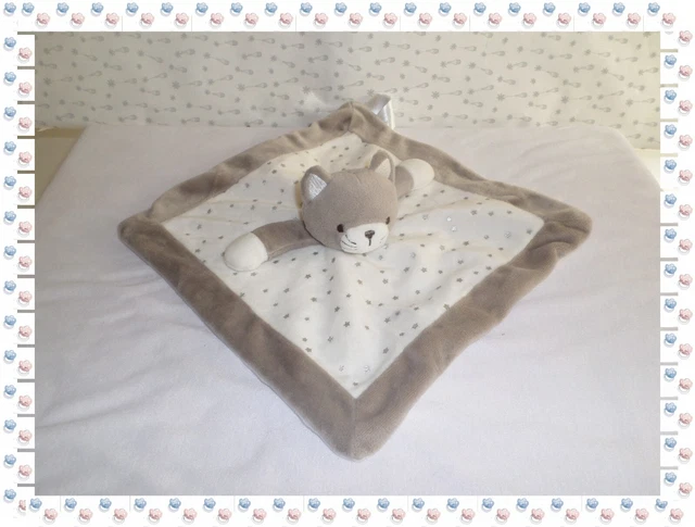 D -Doudou Plat Carré  Chat Blanc Taupe Etoiles Argentés  Obaibi Okaidi
