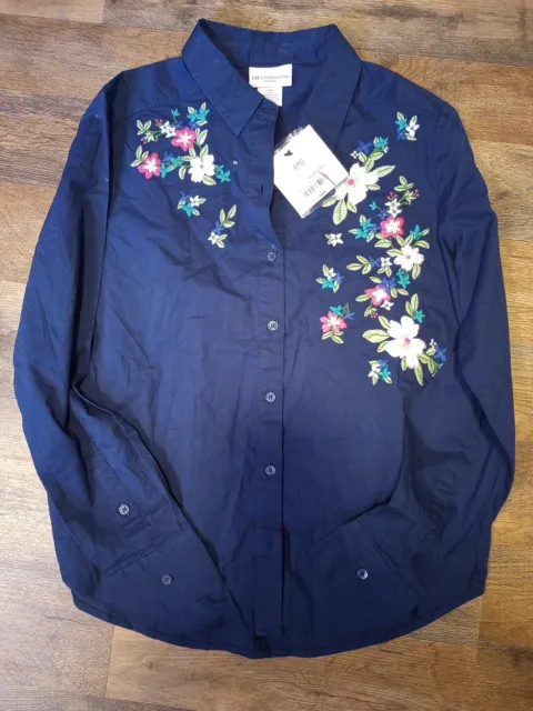 Liz Claiborne Long Sleeve Navy Blue  Shirt Petite Small Button Up Top Floral