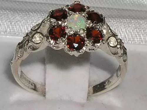 Victorian Ladies Solid Sterling Silver Natural Fiery Opal & Garnet Daisy Ring