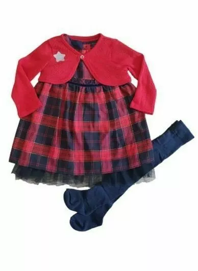 Ex F & F Girls Red Navy Tartan Dress Bolero & Tights Xmas Outfit 3 6 9 12 18 24