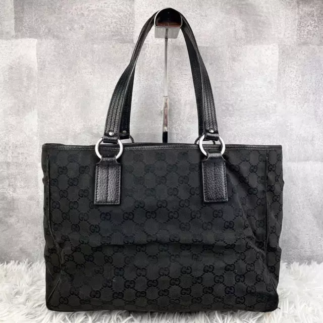 GUCCI Tote Bag Shoulder GG Canvas Leather Black Authentic MBa0493