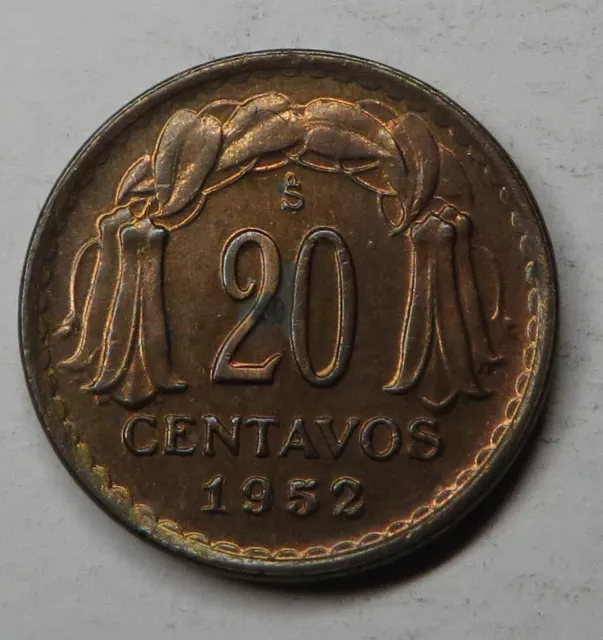 Chile 20 Centavos 1952 Copper This coin is called: "Chaucha" KM#177 aUNC