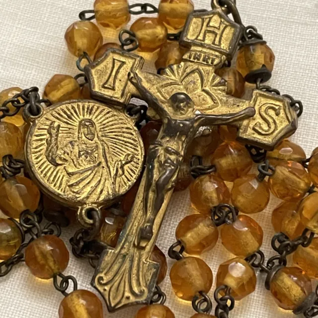 Antique Rosary 1800’s Very Old Gold Amber Glass Beads Gold Tone Sacred Heart