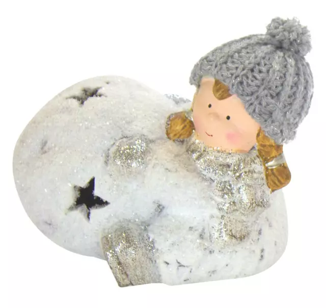 Deko Figur Mädchen mit Schneeball mit Sternen und LED - Winterkind Wintermädchen 2