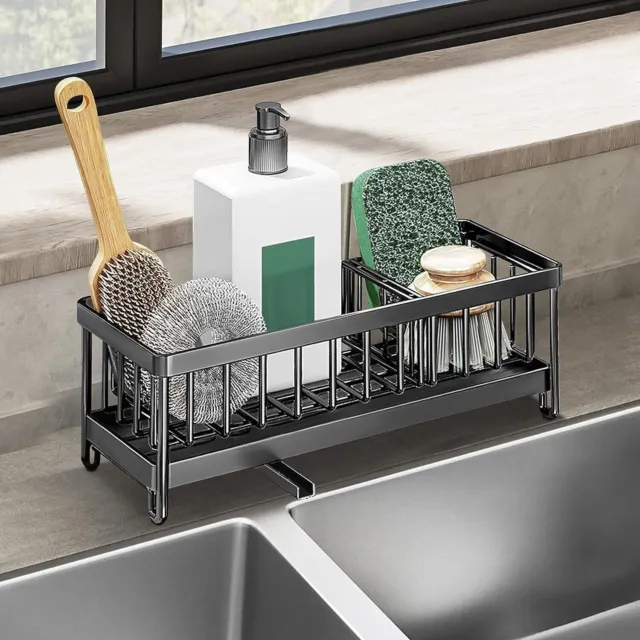 Kitchen Sink Caddy Organiser With Auto Drain Tray Sponge  Storage Brush Holder
