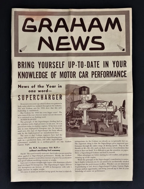 1934 antique 8pg GRAHAM NEWS automobile 12"x17" adv specs photos brochure six 8