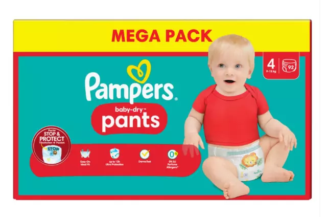Mega Pack 92 couches PAMPERS "Baby-Dry" Pants Taille 4 (9 à 15 KG) Culottes Bébé