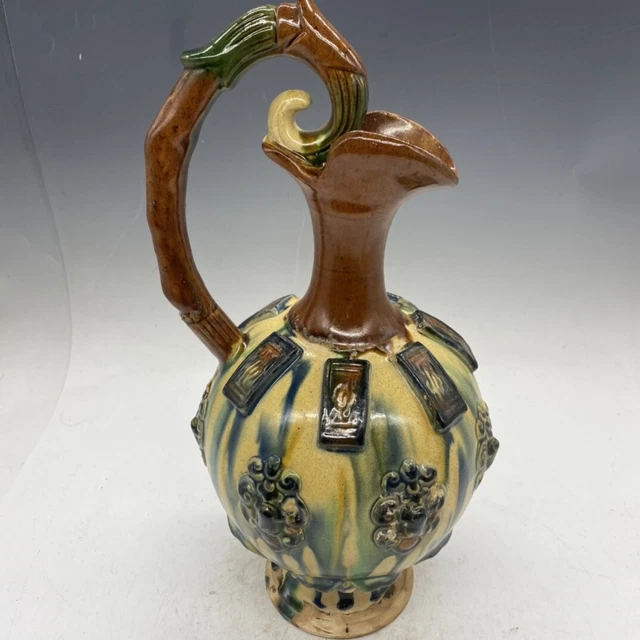 12.9" china old antique liao dynasty tricolor handled ewer