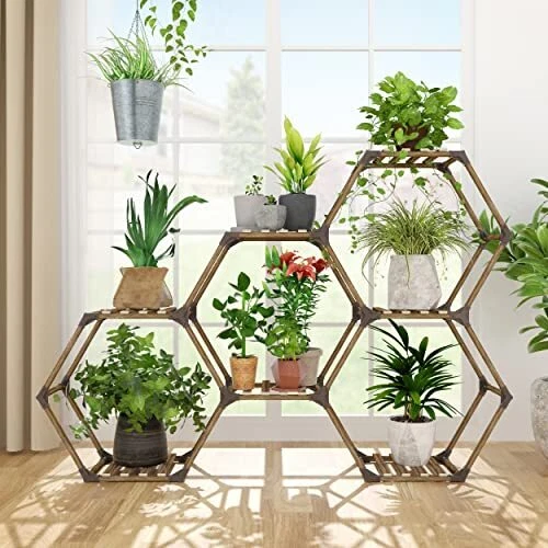 Hexagonal Plant Stand, 7-Tier Wooden Indoor Outdoor Shelf for Plants,