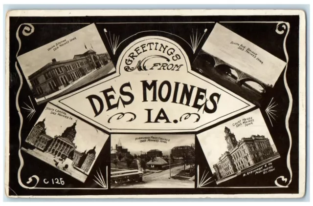1911 Greetings From Des Moines Iowa IA Multiview RPPC Photo Antique Postcard