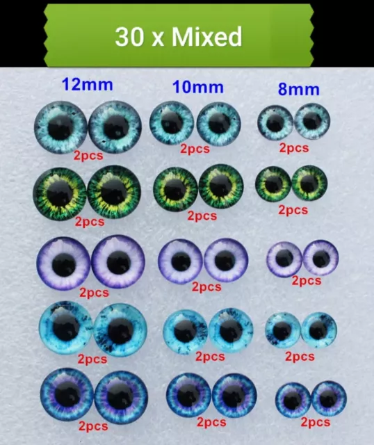 30 X Mixed Eye Glass Cabochons Cat/Dragon-Flatback/Jewellery/Gems-Eyes Cabochon