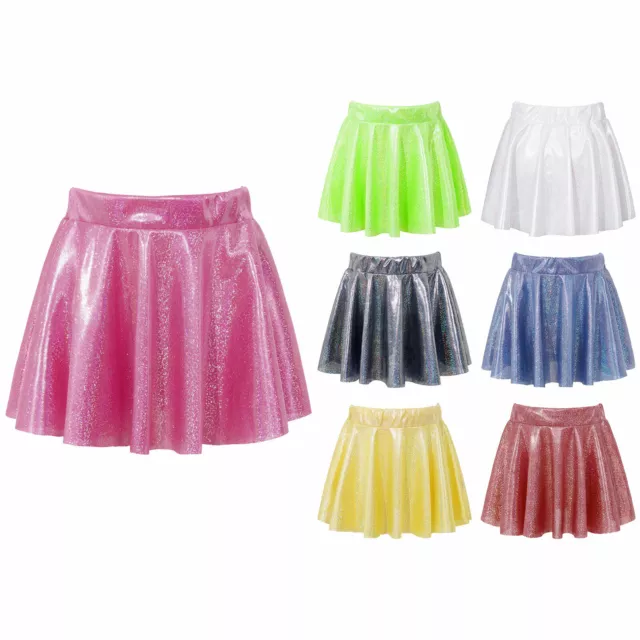 Girls Metallic Sequin Flared Skater Mini Skirt Sparkly Pleated Party Dance Skirt