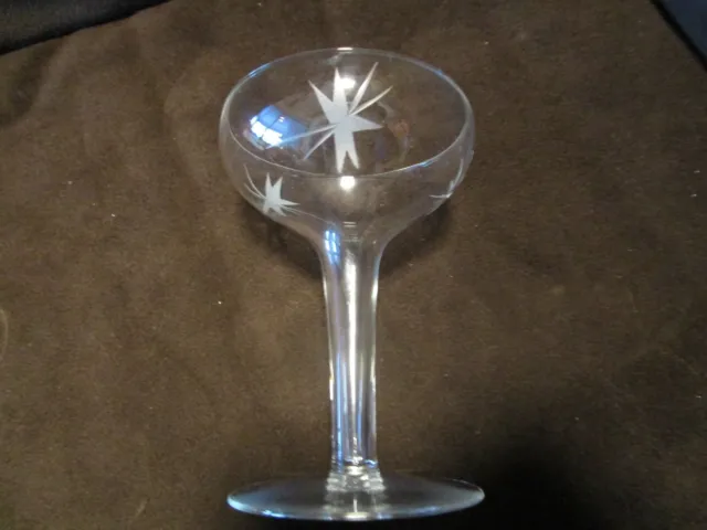 MCM one glass Hollow Stem Coupe Champagne Etched 3 Atomic Stars 4 Oz. Retro