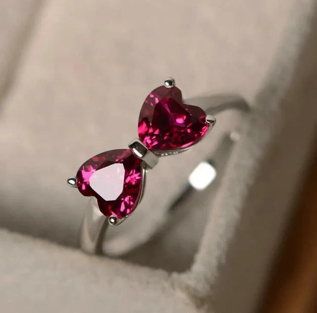 Forme Coeur Bague Rubis, de Fiançailles, Argent Sterling, Promesse Pour Femme