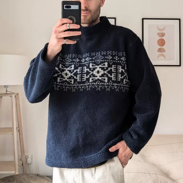 VINTAGE 90S FLEECE Mock Neck Navy Aztec Jumper Mens Large 45.00 PicClick UK