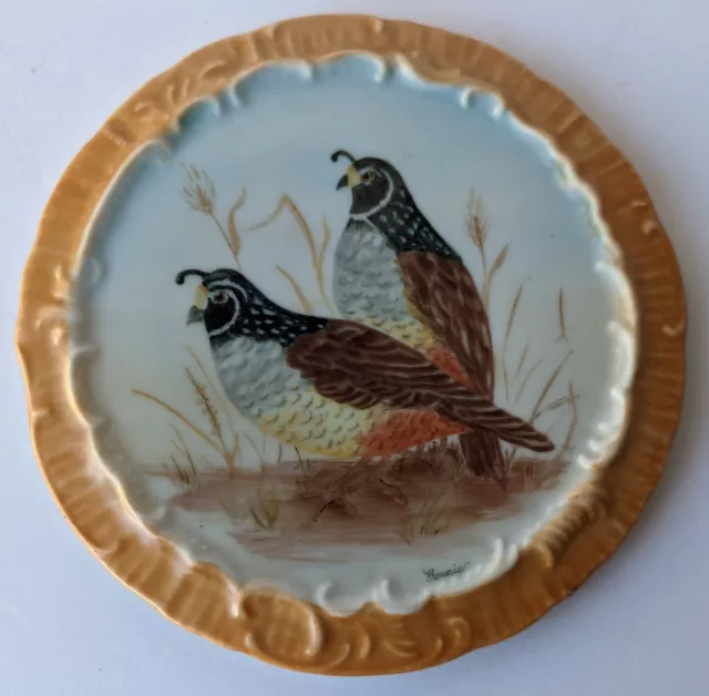 Hand Painted Quail Birds Ceramic Wall Plaque. Signed "Bonnie". Nicely Detailed
