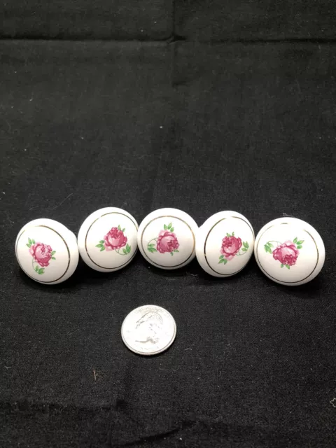 LOT OF 5 Amerock 221WHT Rose on White Ceramic 1 1/2" Cabinet Knob Pulls (H219)
