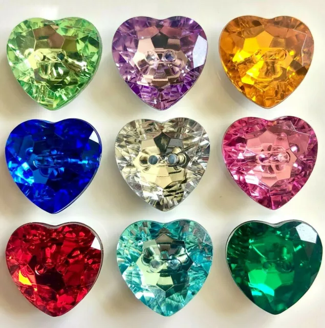 6 Heart 20mm Buttons, Crystal-Style Acrylic, Sparkly, Many Colours, Silver Back
