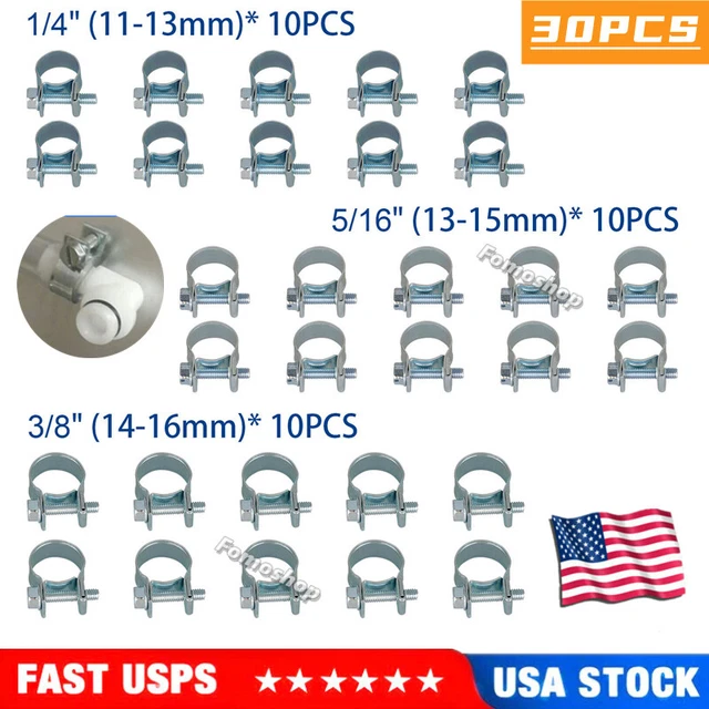 30PCS 1/4" 5/16" 3/8" Hose Clamps Fuel Injections Gas Line Clips Assortment Kit