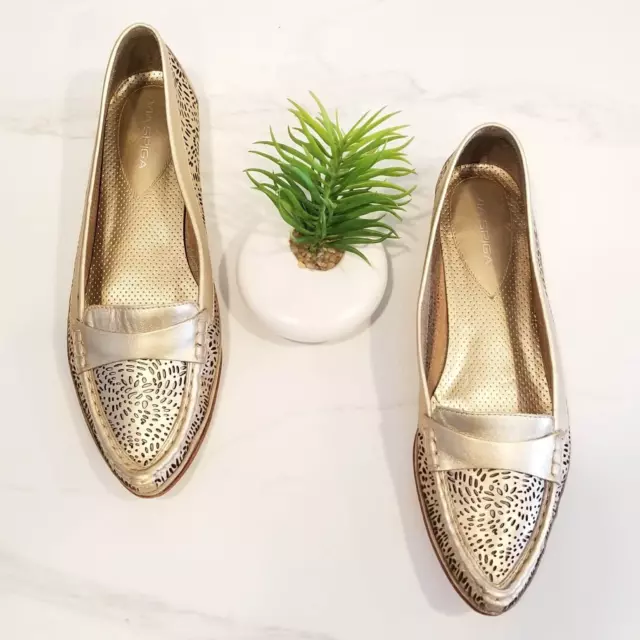 VIA SPIGA Loafers Flats Gold Leather Cut-Out Slip On Casual Pointed Shoes Sz 7.5