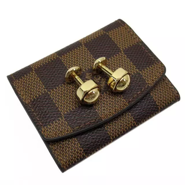 Authentic Louis Vuitton Gold Bouton de Manchette Crew Gold Cufflinks with  Green Taiga Storage Case