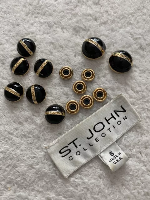 ST JOHN REPLACEMENT BUTTONS 2 ENAMELED BLACK/GOLD TONE LOGO And 6 Studs