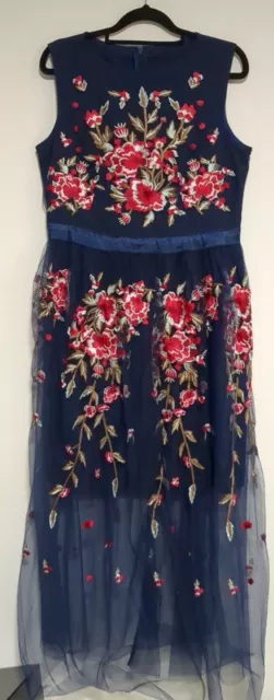 Blue Formal Dress Embroidered Mesh Overlay Midi Size XL Like A 12