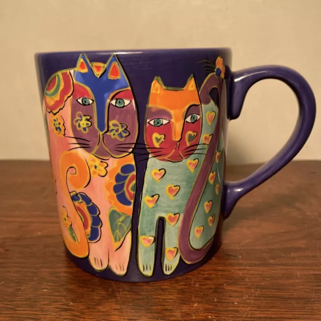 Vtg 97 Laurel Burch Cat Mug Large Blue Coffee Tea Multicolor Floral Hearts Cats