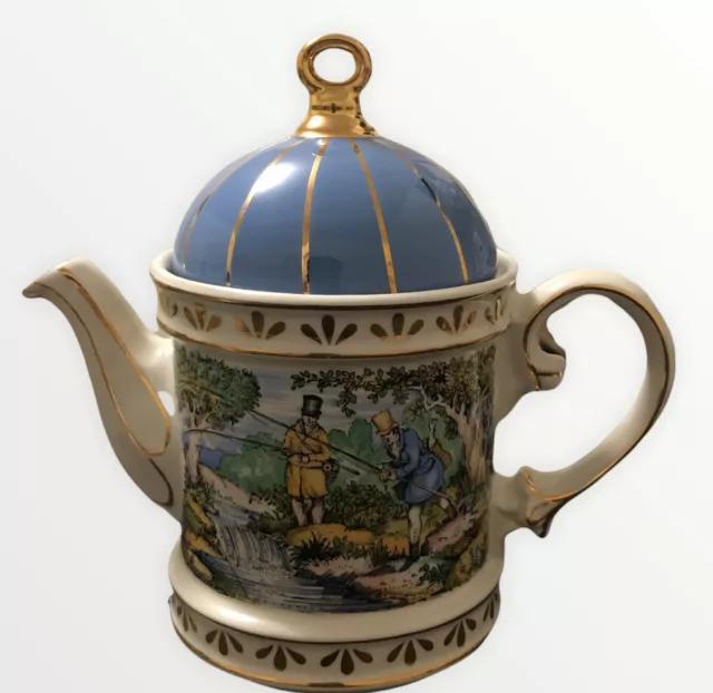 Sadler Sporting Fishing Scenes Of The 18th Century Teapot W/ Blue Gold Dome Lid