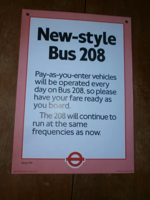 London Transport Timetable Panel Poster-Route 208 Converted to OPO