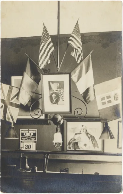 c. 1917 Bank Interior WWI Patriotic Display Woodrow Wilson RPPC Photo Postcard
