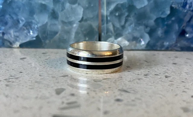 Sterling Silver Taxco Mexico Inlaid Onyx Band Ring Size 6 Stamped 925❤️‍🔥