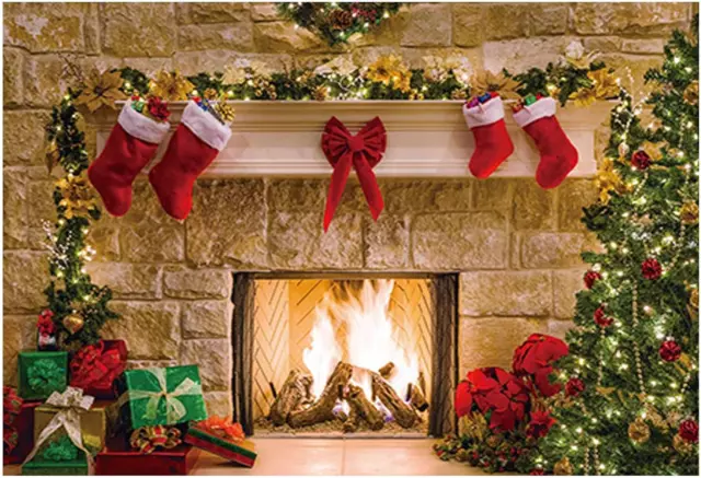 7X5Ft Christmas Fireplace Backdrop Interior Vintage Xmas Tree Stockings Photogra