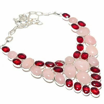 Rose Quartz, Red Garnet Gemstone 925 Sterling Silver Jewelry Necklace 18" Easter