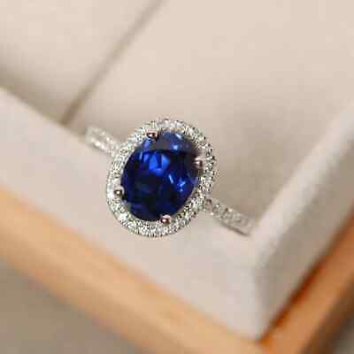 5ct blue sapphire oval shaped, sterling silver September birthstone Wedding Ring