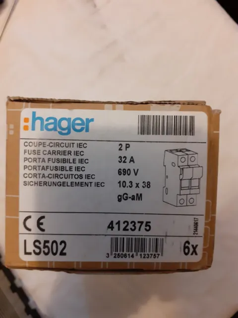 Boite de 6 |lot de 6| Hager LS502 porte fusible COUPE CIRCUIT 2P.32A 690V NEUF