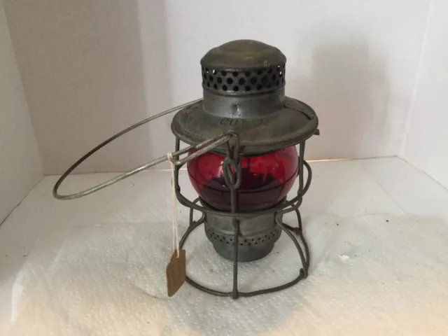 Railroad Lantern Red Globe Has Cut.co Imbeded On Top Chimney Good Working Order
