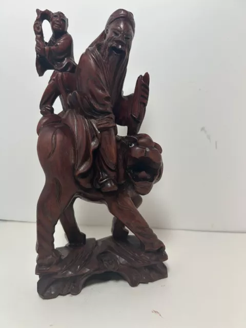 Vintage Rosewood Chinese Carved Statue Longevity Old Man Boy Beast 8 “